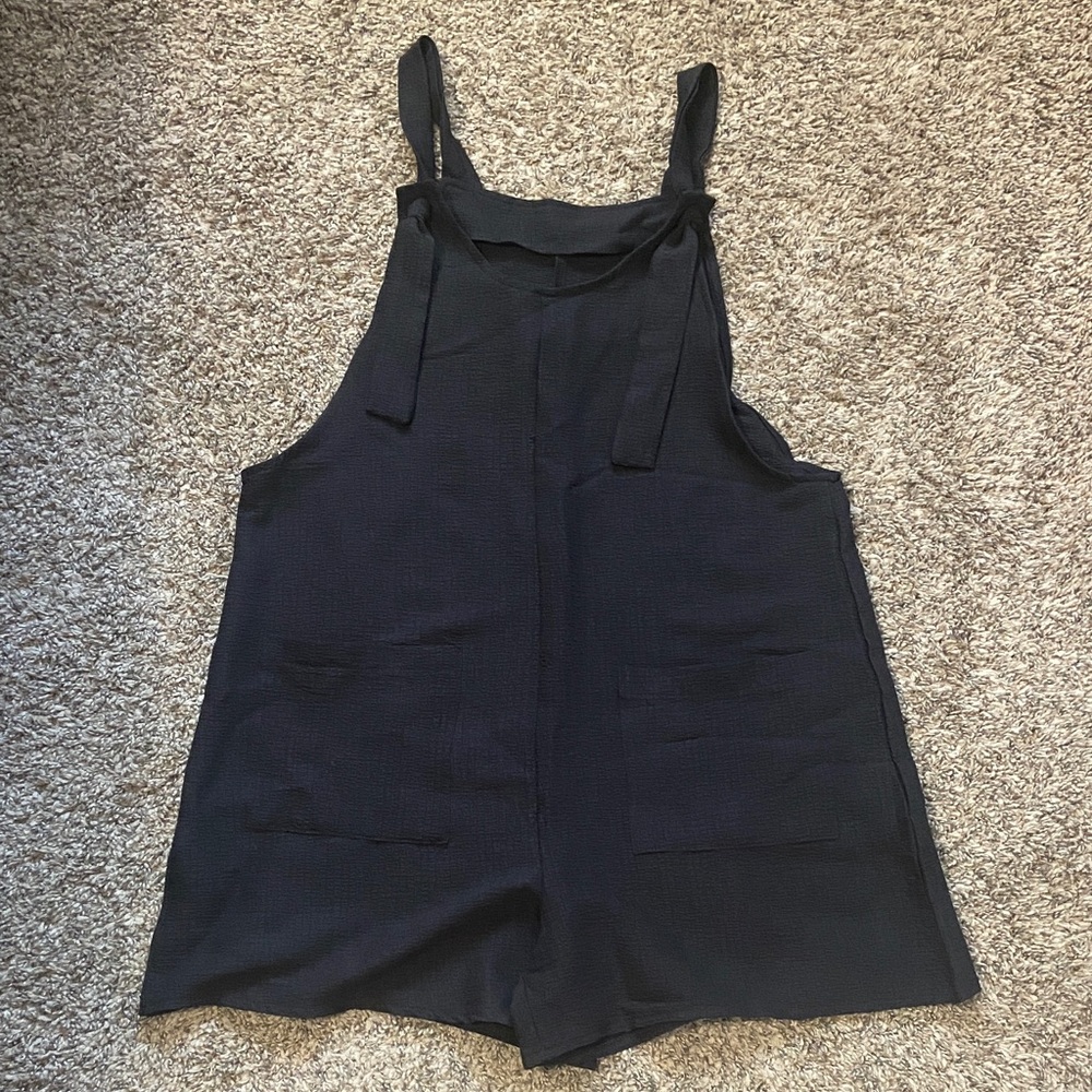 ☀️ 🎃 Women’s Black Linen-Blend Tie-Strap Shorts Romper
